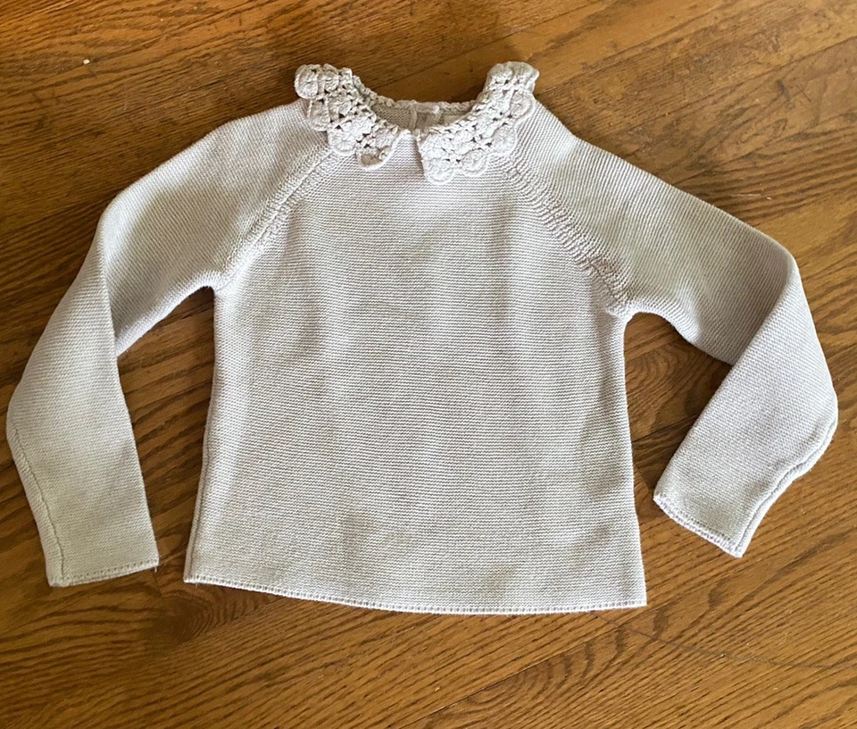 Бежевый следующий вязаный свитер девочек размер 5/6 крючком воротник скромный коттедж фея - Изображение 1 из 4