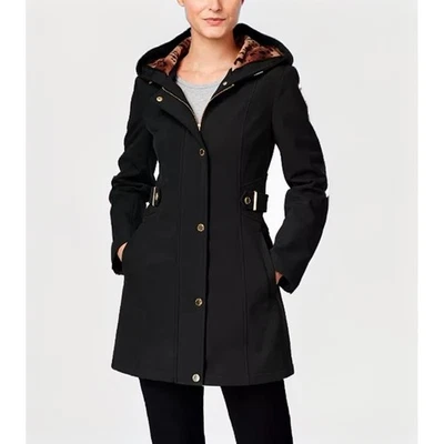 Abrigo de lluvia Via Spiga para mujer negro con capucha forrado de leopardo diseñador mediano Foto 1 de 4