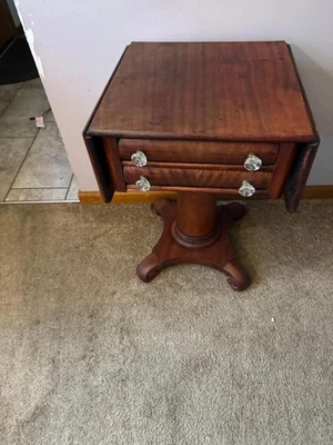 Antigua mesa de trabajo/soporte de costura de la década de 1850 con cajón para el vientre-hoja caída laterales/caoba Foto 1 de 4