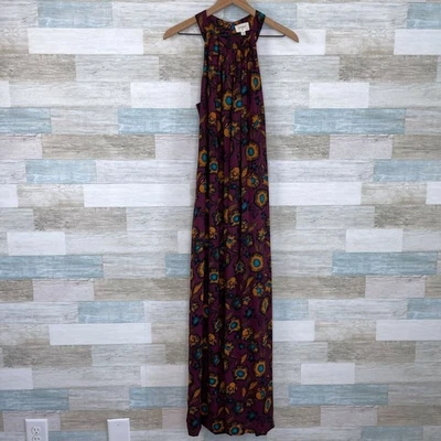 Everly Floral Halter Maxi Dress Burgundy Red Yellow Pleated Casual Womens Small - Image 1 of 4