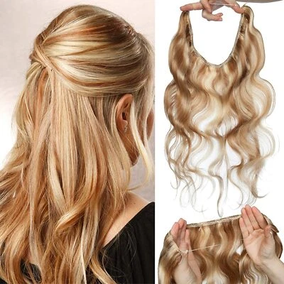 100% Real Hair Hidden Wire Headband No Clip in Remy Human Hair Extensions Wavy - Image 1 of 4