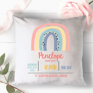 Personalised New Baby Born Cushion Pillow Cover - Baby Shower Gift Rainbow - Picture 1 of 1