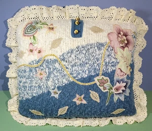 Redesigned Handmade & Machine Knit Sweater Pillow Blue Cream Pink Gold Appliques - Picture 1 of 10