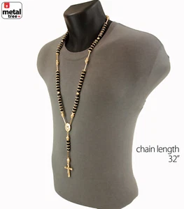 Men's Hip Hop 8 mm Gold Tone Bead Rosary Pray Hand Jesus Cross Chain GBK - Picture 1 of 5