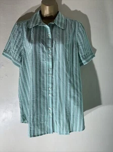 Womens Lands’ End Size Medium Green Mix Stripe Short Sleeve Blouse Shirt Top - Picture 1 of 5