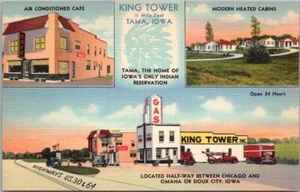Postal de TAMA, Iowa KING TOWER Café Motel Gasolinera Roadside - Curteich Linen - Imagen 1 de 2
