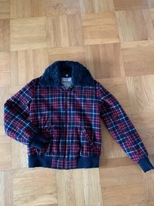 Saint Laurent zip-up red tartan-print checked wool shearling bomber jacket FR 36 - Picture 1 of 12