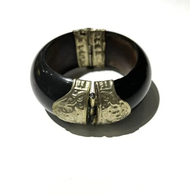 Gorgeous Ebony Wood And Silver Hinge Banding Cuffed Bracelet With Dancers - Image 1 of 4