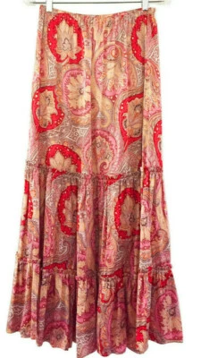 TASHA POLIZZI Tiered Maxi Skirt Silk Paisley Pink Red Gold Size M - Image 1 of 4