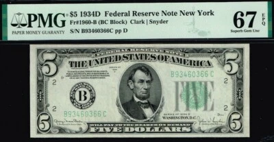 $5 1934D New York FRN. Fr. 1960-B. TOP POP NOTE. PMG 67 EPQ - Image 1 of 3