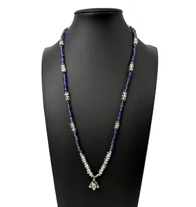 Amethyst Quartz Beaded Necklace Moonstone Sterling Silver 925 Pendant Gemstone - Picture 1 of 8