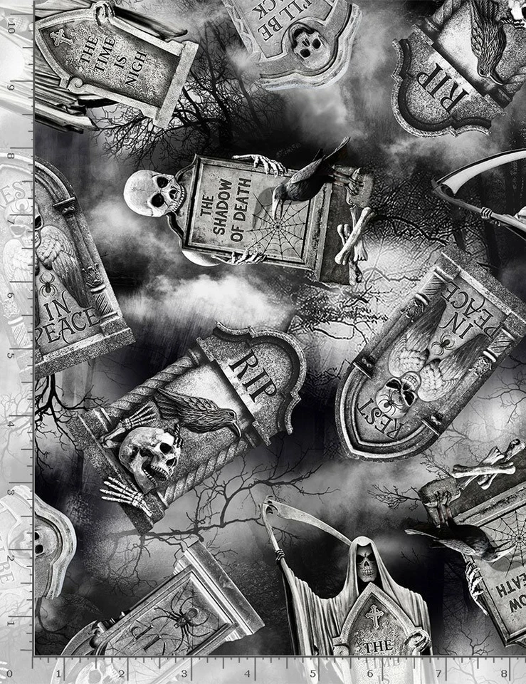 Tela de Halloween lápidas malvadas esqueleto algodón tesoros atemporales C8641 yarda Foto 1 de 1