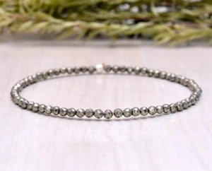 Silver Pyrite 2-3MM Faceted Round Gemstone Energy Healing Scratchable Bracelet - Picture 1 of 9