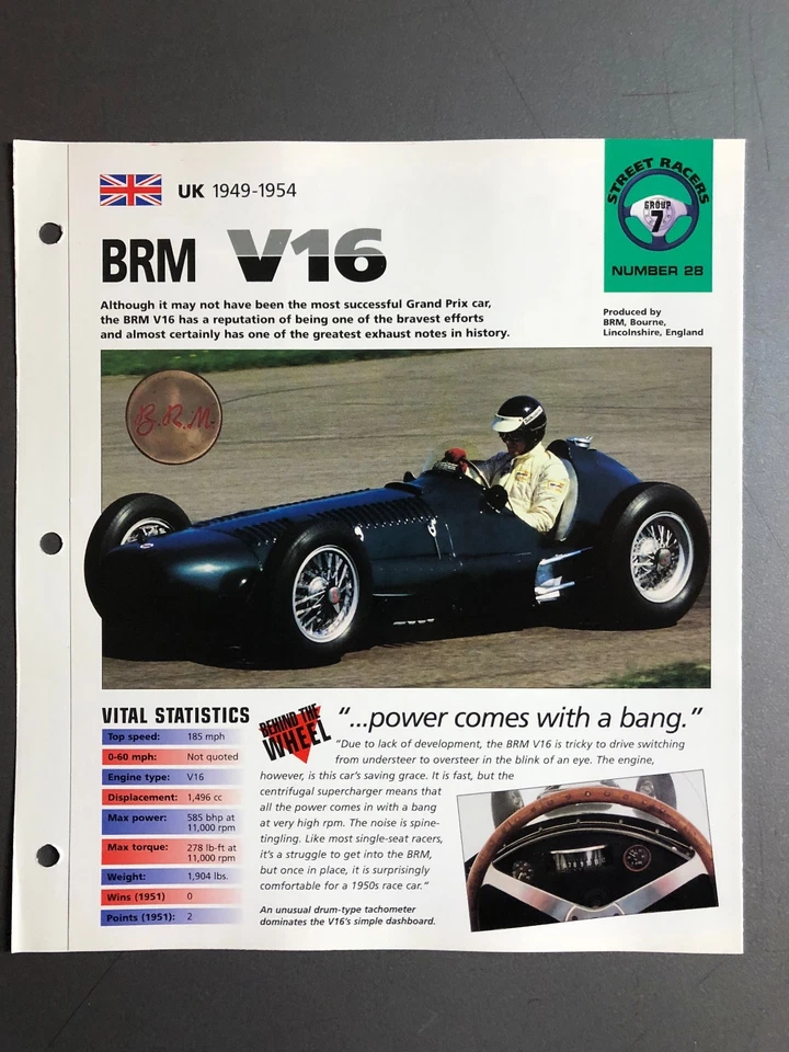 Folheto de pasta folha de especificações 1949 - 1954 BRM V16 carro de corrida IMP "Hot Cars" Aweseom - Imagem 1 de 1
