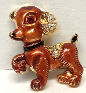 Vintage Emaille Strass TÄNZELNDER ROSTBRAUNER WELPE HUND 1" Brosche ANSTECKNADEL - Bild 1 von 8