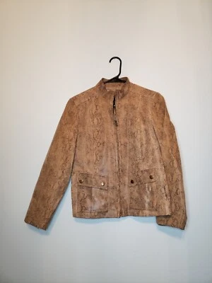Chaqueta de cuero marrón tostado Alfani para mujer talla S manga larga estampado de piel de serpiente cremallera  Foto 1 de 4