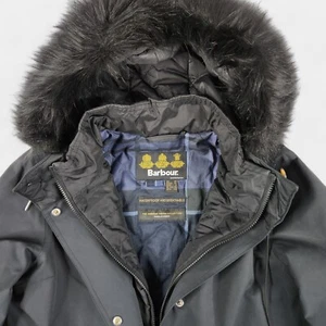 Barbour Braan Jacket Womens 6 Black Insulated Waterproof Parka Faux Fur Trim - Picture 1 of 14