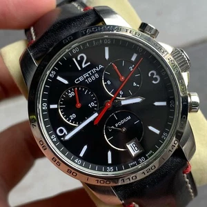 Rare Certina DS Podium Chronograph Black Dial Leather Quartz Swiss Watch Men - Picture 1 of 8