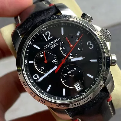 Rare Certina DS Podium Chronograph Black Dial Leather Quartz Swiss Watch Men - Image 1 of 4