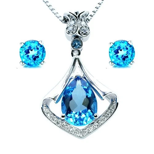 3.05ct Blue Topaz Heart Cut Pendant Necklace & Earring Set Sterling Silver