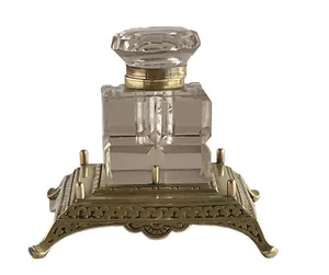 Victorian Brass & Heavy Cut Glass Inkwell Vintage circa 1895 - Picture 1 of 5