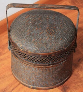 Antique Chinese Bamboo Food Basket with Wood Carved Handle - Picture 1 of 9