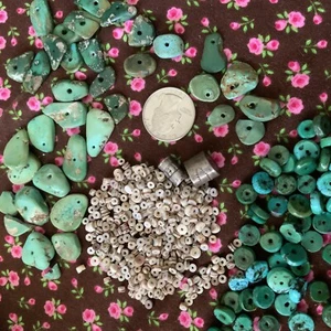 Early LOT of Blue Turquoise Fred Harvey Era Navajo Old Tabs, Heishi, Silver Bead - Picture 1 of 7