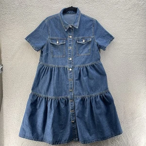 Jeanskleid Damen groß blau Knopfleiste Stufen Kurzarm Oversize Lagenlook - Bild 1 von 10