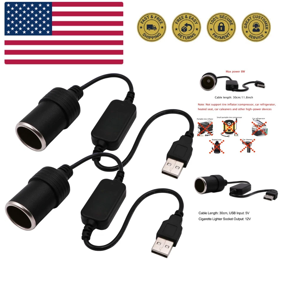 USB a Male to 12v Car Cigarette Lighter Socket Female Converter Cable 2pack