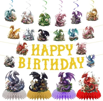 TAKEALOOKO Dragon Birthday Party Decorations - Watercolor Banner with Multicolor
