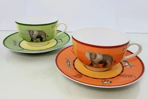 Hermes Africa Cup & Saucer Orange & Green Elephants Animals Set of 2 No Box VG - Picture 1 of 10