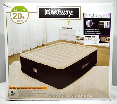 BESTWAY 20" QUEEN SIZE AIR MATTRESS WITH BUILT-IN PUMP - MAROON - Image 1 of 4