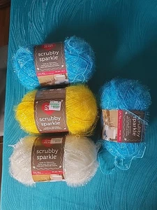 Lot of 4 Skeins Red Heart Scrubby Sparkle Yarn Lemon Icepop Marshmallow 3 oz - Picture 1 of 6