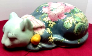 Vintage Macau Hand Painted Porcelain Sleeping Cat Figurine 9 inch Floral Cloak - Picture 1 of 10