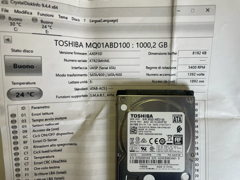 Toshiba 1TB 2,5" Sata III HDD 1800 Ore Uso - Immagine 1 di 3