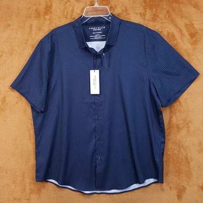PERRY ELLIS MOTION Shirt Mens XXL Navy Stripe Button Up Slim Fit Short Sleeve - Image 1 of 4
