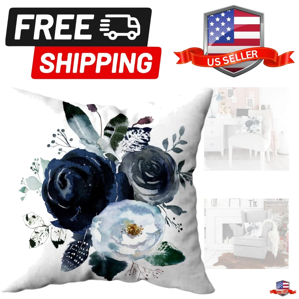 Navy Blue Pillow Covers 18X18 Inch Decorative Pillows Covers Boho Floral Rose... - Image 1 of 4