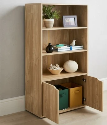 3 Open Shelf Bookcase Display Solid Oak 2 Door Cabinet Storage Unit 120x58x29 Cm - Image 1 of 4