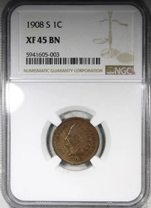 1908-S Indian Head Cent NGC XF45BN KEY DATE 1C Circulated - Picture 1 of 4