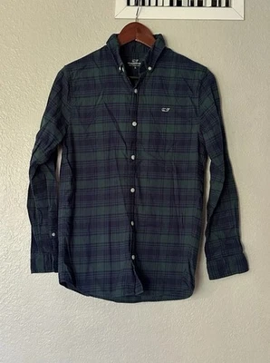Vineyard Vines Boy’s Large Blue & Green Plaid Button Up L/S Flannel Whale Shirt - Image 1 of 4
