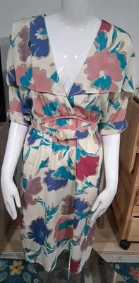 Vtg 80s 90s Bold Floral Print Midi Dress Business Casual Belt Nina Piccalino - Image 1 of 4
