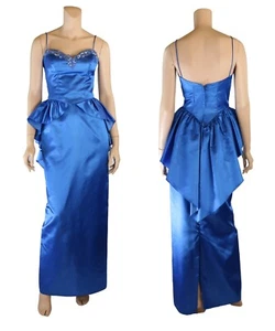Eve of Milady Vintage 80s Blue Satin Sequin Peplum Prom Party Dress sz 5/6 - Picture 1 of 5
