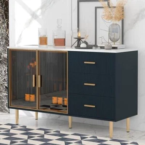 Harper and Bright Designs Buffet Cabinet 60" Navy Blue w/Drawers/Amber Glass - Picture 1 of 9