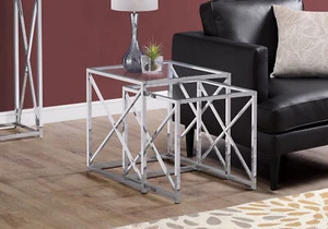 X Base 2 Pc Modern Nesting Table Set With Glass top In Chrome - Picture 1 of 4