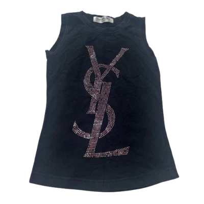 Regata feminina Yves Saint Laurent logotipo strass preta sem mangas - Imagem 1 de 2