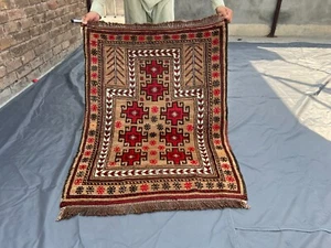 Antique Afghan Prayer Rug 2'6x3'9 – Hand Knotted Fine Tribal Wool Red Area Mat - Picture 1 of 11