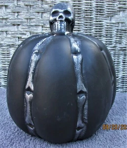 Halloween Ceramic Black Pumpkin Skull and Bones 9" X 7" - Picture 1 of 6