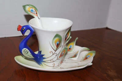 Creativo Colorido Pavo Real Porcelana Taza Platillo Cuchara Vajilla Juego de Té Decoración Foto 1 de 4