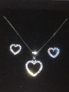 Italy 925 Sterling Silver Box Chain with Heart Pendant & Earrings with CZ Stones - Picture 1 of 15