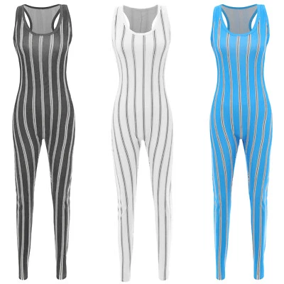 DE Damen Strampler Sportbekleidung Overall Fitness Bodysuit Gestreift Einteiler - Bild 1 von 4